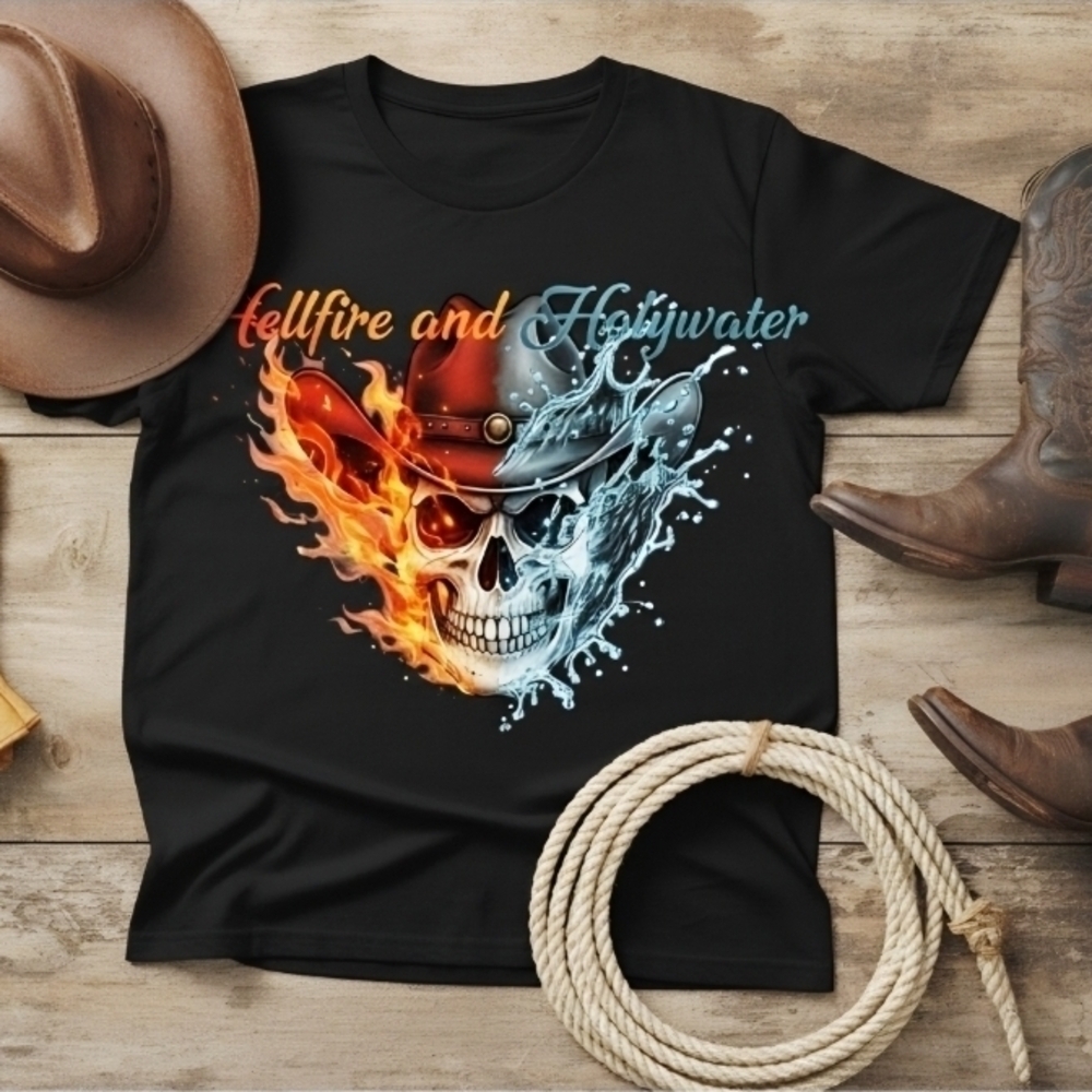 Hellfire & Holywater Skull Tee • Western Cowboy Graphic Shirt • Fire & Water